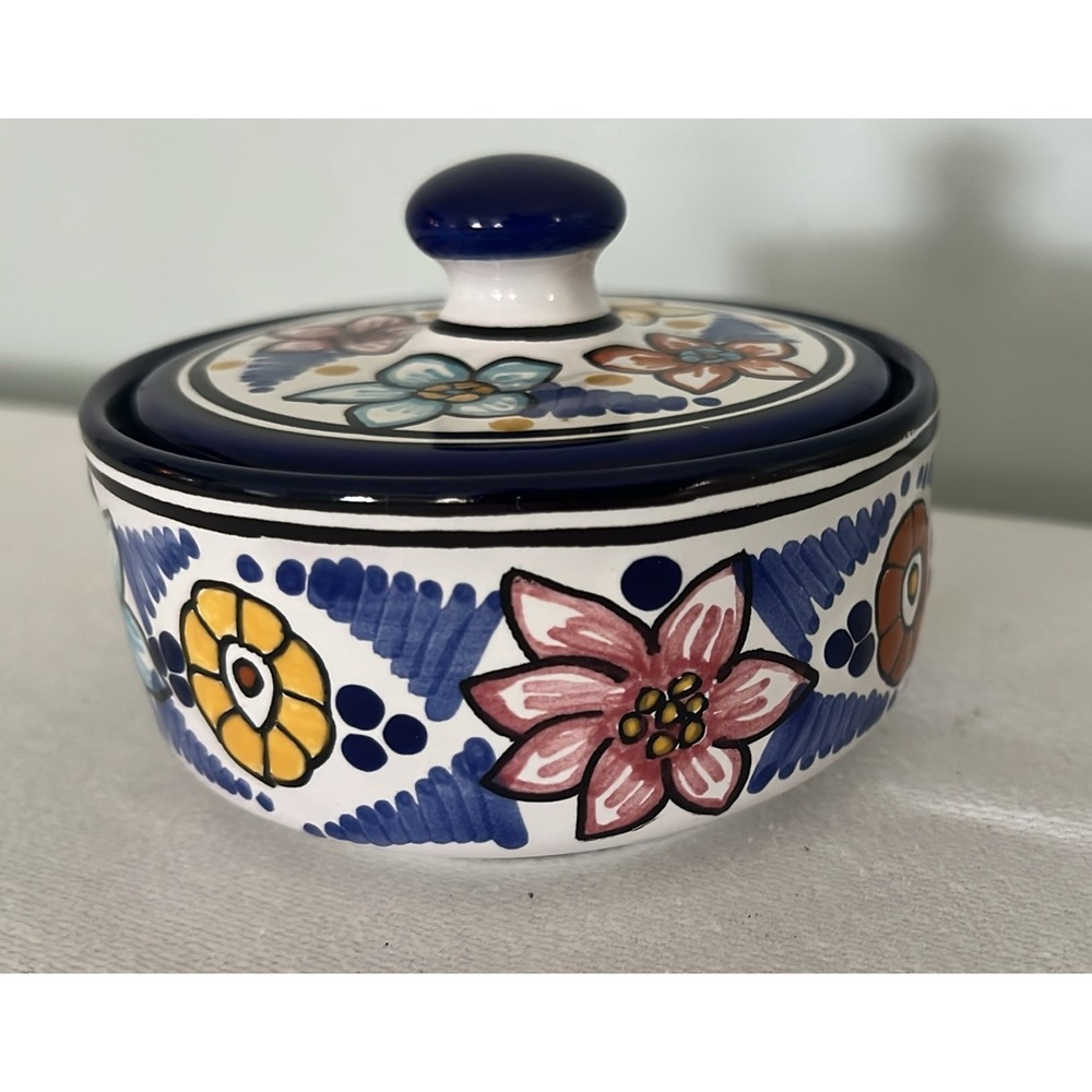 Talavera Trinket Dish With Lid Hand Painted 3.5"Diam 3"  Vintage Mexican Pottery